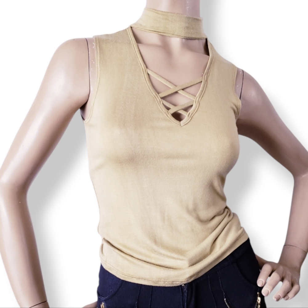 Ambiance Yellow Tie Dye Acid Wash Criss-Cross V-Neck Choker Top